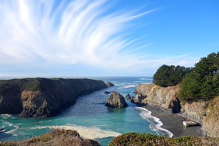 body of water near rock formation during clear sky thumbnail
