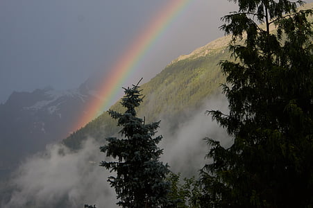 rainbow over green mountain at day thumbnail