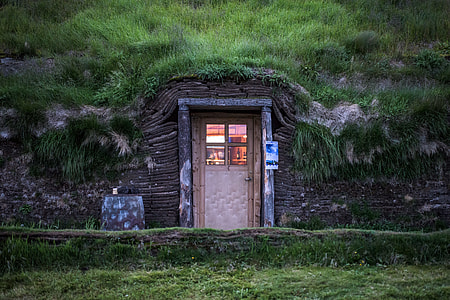 brown wooden door on green grass thumbnail