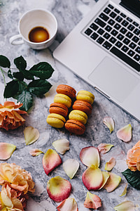 Overhead view of macarons on a marble slab thumbnail