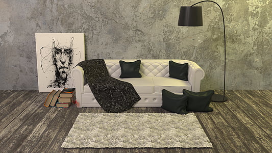 white leather 3-seat sofa with four black pillows beside the black floor lamp thumbnail
