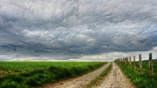 empty road between grass field under cloudy sky at daytime thumbnail