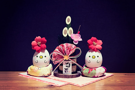 two chicken-painted  eggs with flowers and kanji script accessory decor thumbnail