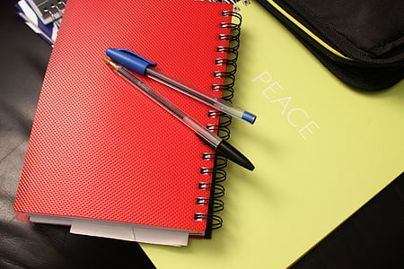 blue and black ballpoint pens on top of red notebook thumbnail