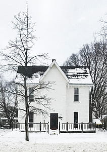 snow covered house between trees at daytime thumbnail