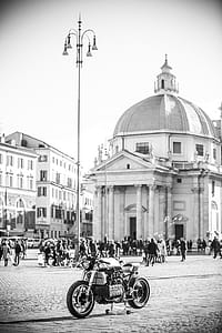 Grayscale Photo of Cafe Racer Near Dome Building thumbnail