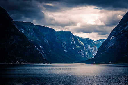 body of water surrounded with mountains under dark clouds thumbnail