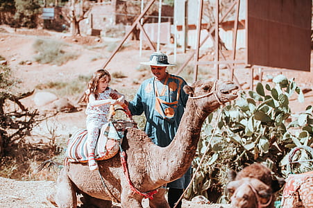girl riding camel beside man standing beside camel thumbnail