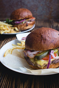 Burger with cheddar cheese, bacon and fries thumbnail