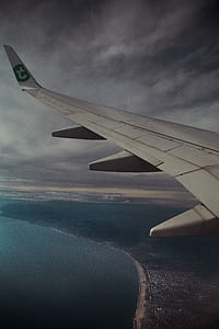 passenger airplane wing view under cloudy sky thumbnail