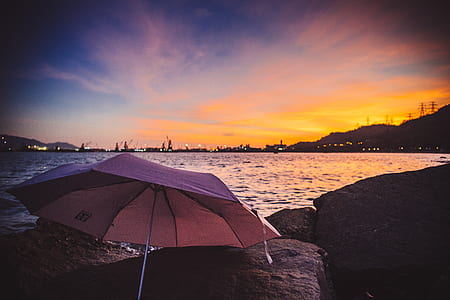 purple umbrella on rock beside body of water during golden hour thumbnail