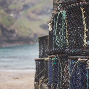 pile of black lobster trap on seashore at daytime thumbnail