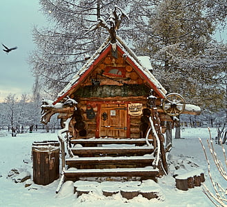 snow covered brown house near tree thumbnail