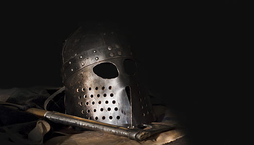 gray knight helmet with battle axe thumbnail