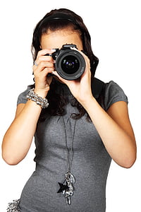 Woman in Grey T-Shirt Using Black DSLR Camera thumbnail