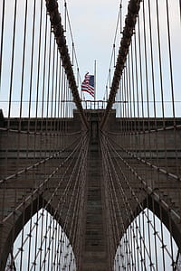American flag fluttering on the tower of a suspension bridge thumbnail