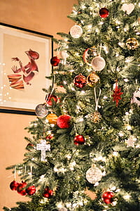 Christmas baubles hung on Christmas tree thumbnail