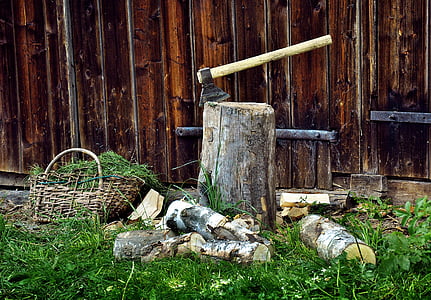 black axe with brown handle on tree log thumbnail