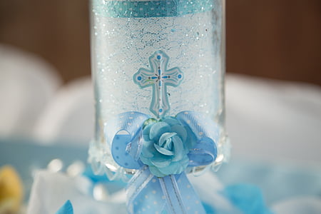 selective focus photo of clear glass favor with blue flower accen t thumbnail