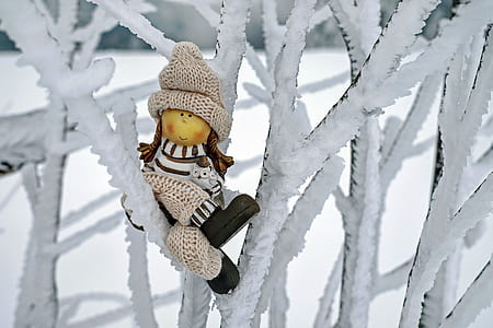 rag doll with brown knitted cap placed on snow-covered wood branch thumbnail