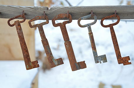 shallow focus photo of four hanging brown and one gray skeleton keys thumbnail
