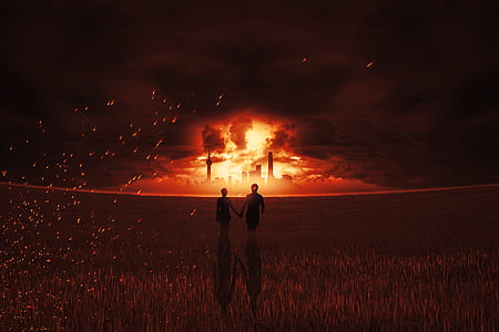couple walks behind exploded building illustration thumbnail