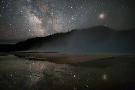 landscape photo of mountain reflecting on body of water during night time thumbnail