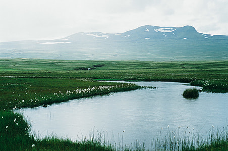 green grass field and body of water near green and white mountain under cloudy sky thumbnail