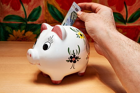 person putting banknote inside white ceramic piggy bank thumbnail