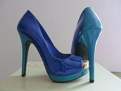 pair of blue leather peep-toe pumps thumbnail