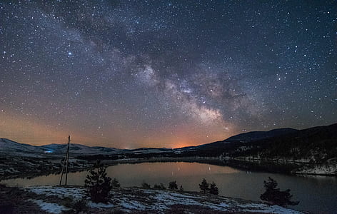 Milky Way night sky above snowy lake thumbnail