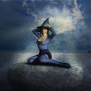 woman wearing blue long-sleeved shirt and green witch hat 3D illustration thumbnail