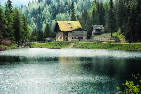 brown wooden 2-storey house near the green grass field and body of water thumbnail