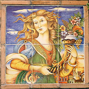 woman carrying vase with flowers painting on wall thumbnail
