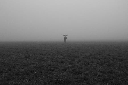 grayscale photo of person holding umbrella on grass thumbnail