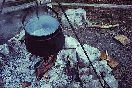 black cooking pot above firewoods thumbnail