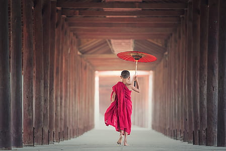 person in pink dress holding red oil paper umbrella thumbnail