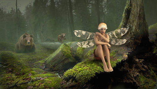 sitting on fairy on brown cut log thumbnail