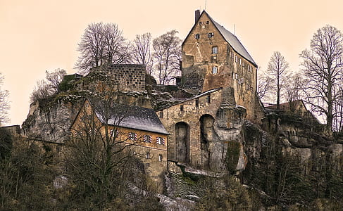 brown concrete castle on cliff surrounded by trees thumbnail