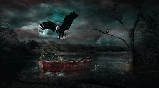 painting of Bald Eagle, bare tree, and boat thumbnail