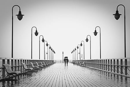 man and woman standing surrounded by light posts grayscale photograph thumbnail