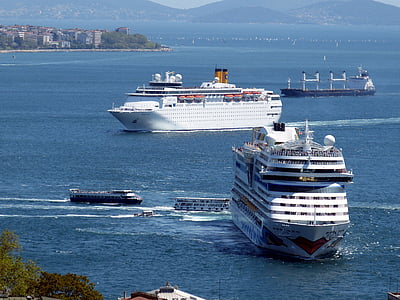 two white cruise ships on body of water thumbnail