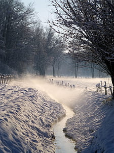 lake between snow covered ground thumbnail