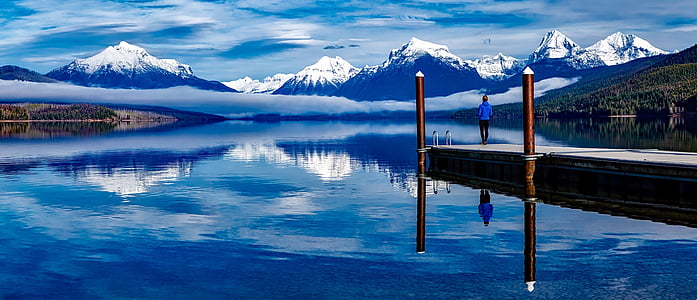 panoramic photography of lake and snow-capped mountains thumbnail