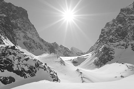 grayscale photo of snow-capped mountain thumbnail