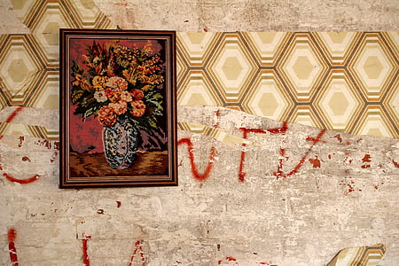 assorted-color flowers in vase painting on brown surface thumbnail