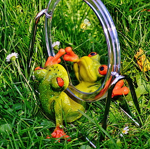 green ceramic frog near round gray framed mirror on green grass at daytime thumbnail