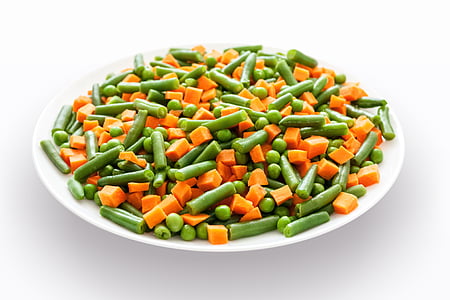 sliced carrots, beans, and green peas on round ceramic plate thumbnail
