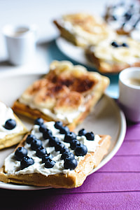 Banana and bluberries waffles with coffee espresso thumbnail