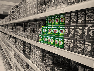 selective color photography of Zambo cans on gondola display shelf inside store thumbnail